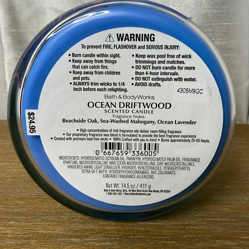 Bath & Body Works Ocean Driftwood Scented 3 Wick Candle 14.5oz Soy Wax NWT